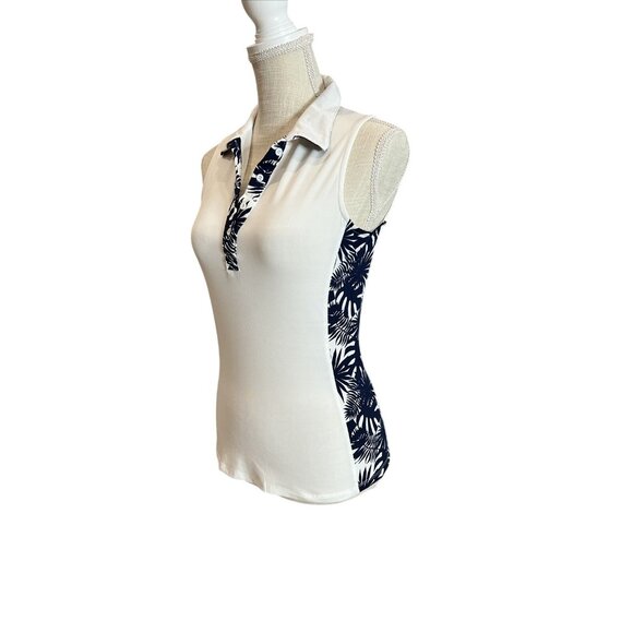 Sleeveless White Polo Tank Top With Navy Tropical Print Accents By Pin Clover Si - Picture 3 of 7